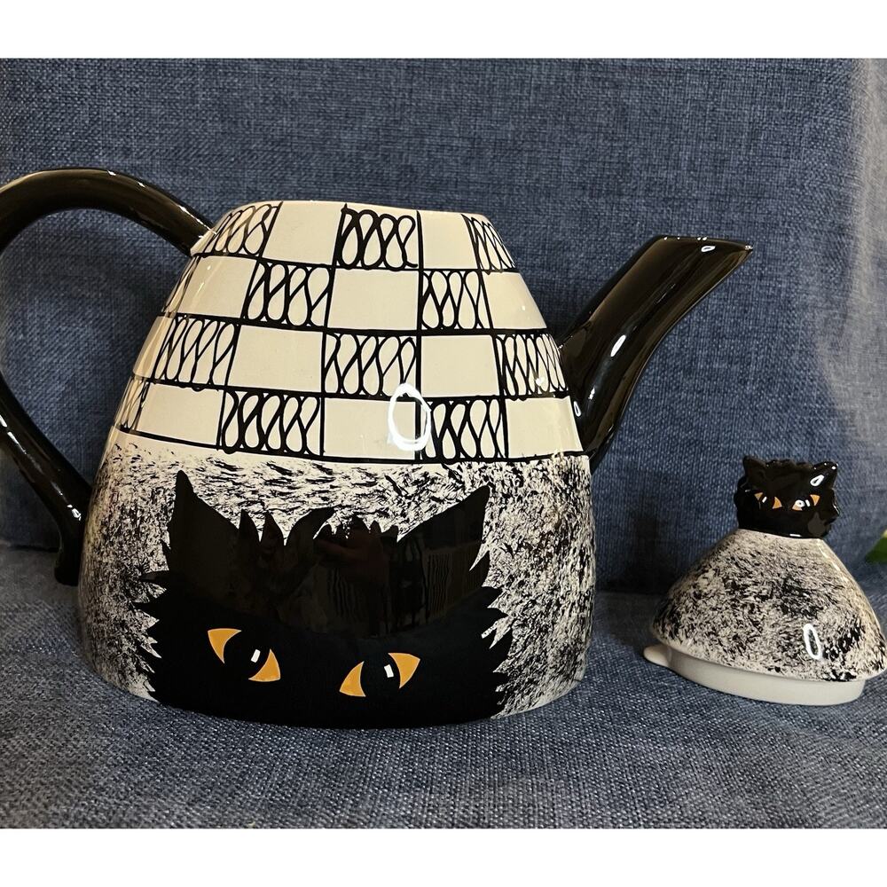 Cats by Nina Lyman black cat coffee teapot 9 in Amber eyes B&W‎ design Complete - Picture 9 of 16